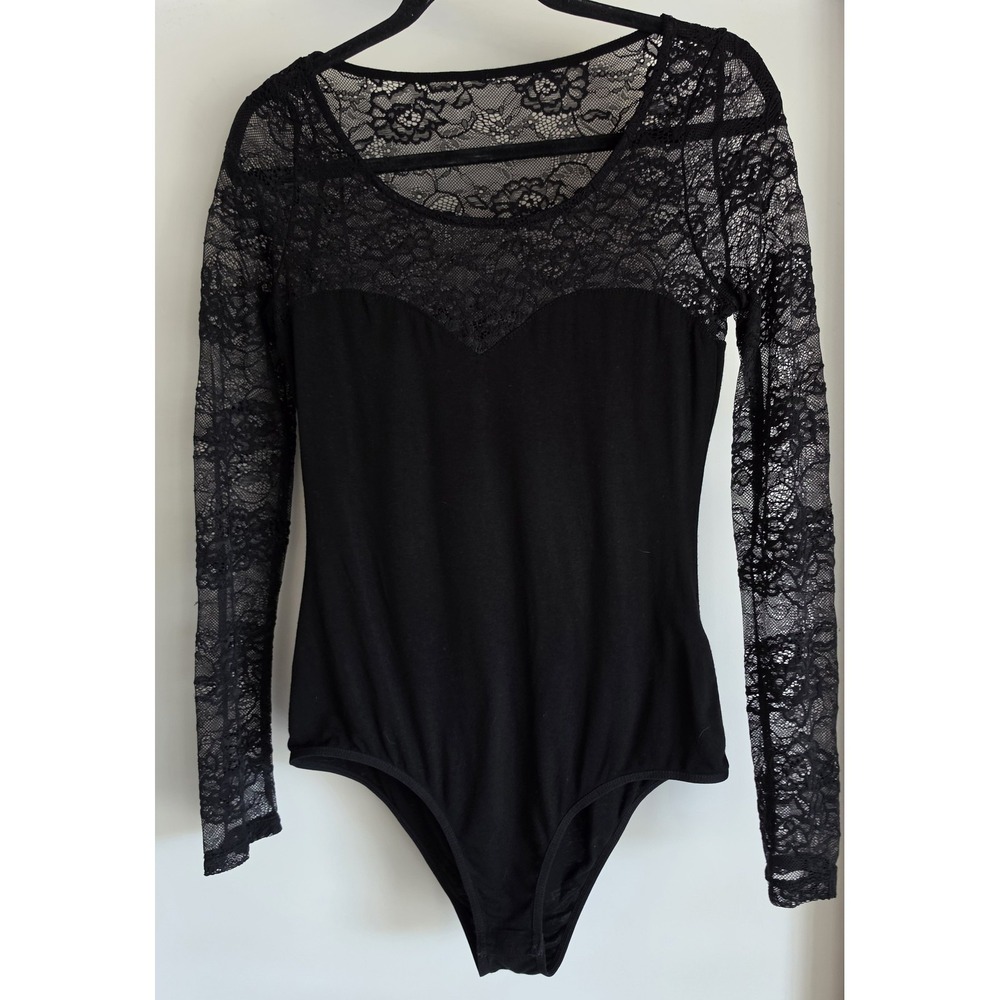 Tally Weijl Bodysuit Women L Black Floral Lace-trimmed Long Sleeve Top